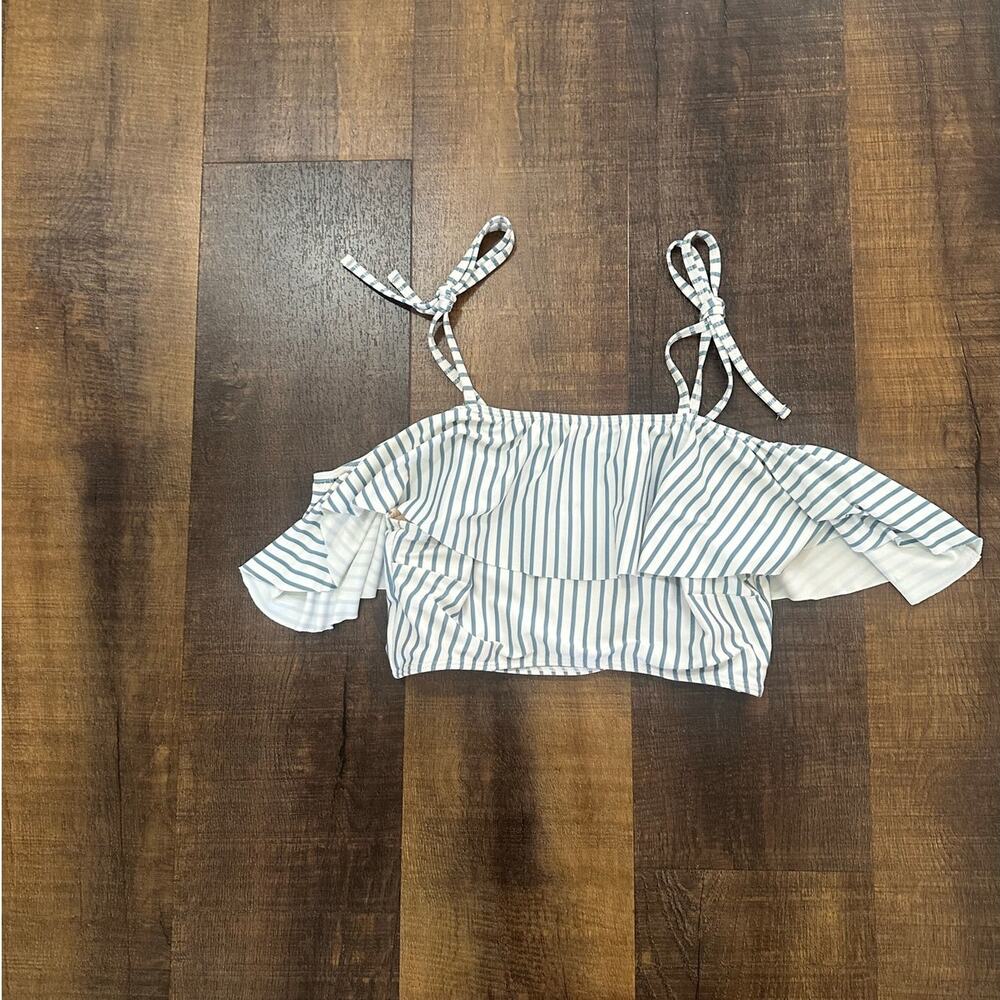 Albion Fit Kids Wave Stripe Ruffle Swim Top Blue White Size Small